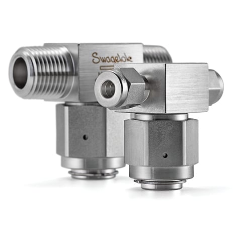 Photograph of two Swagelok TF series tee-type filters, one with male NPT end connections and one with Swagelok tube fitting end connections