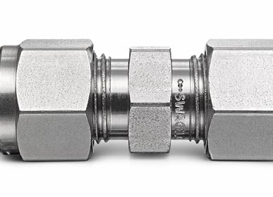 Photograph of a Swagelok tube fitting union assembled to tubing
